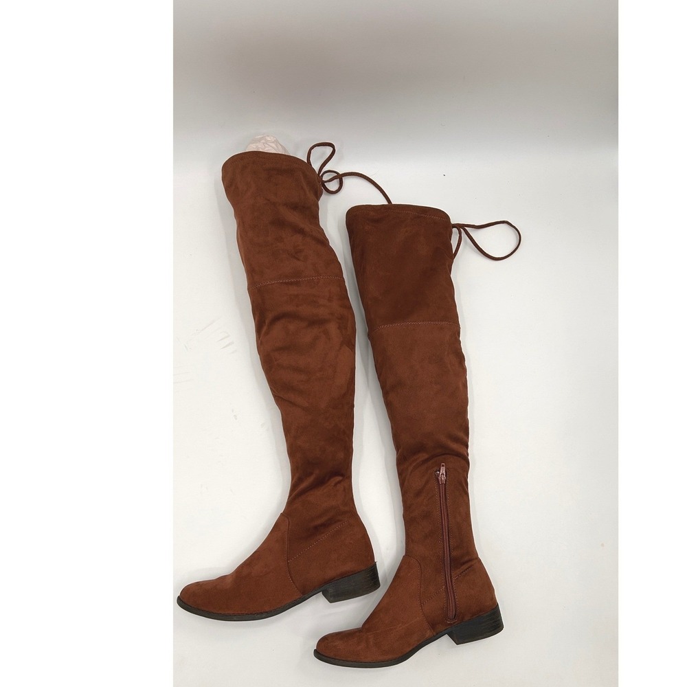 Womens Cognac Brown Faux Suede Over The Knee Thigh High Boots Size 7.5 Low Heel - Picture 3 of 6